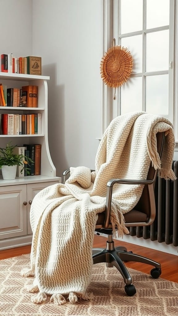 A cozy throw blanket draped over an office chair in a home office setting