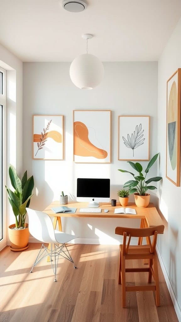 A cozy home office with minimalist decor, featuring framed wall art and plants