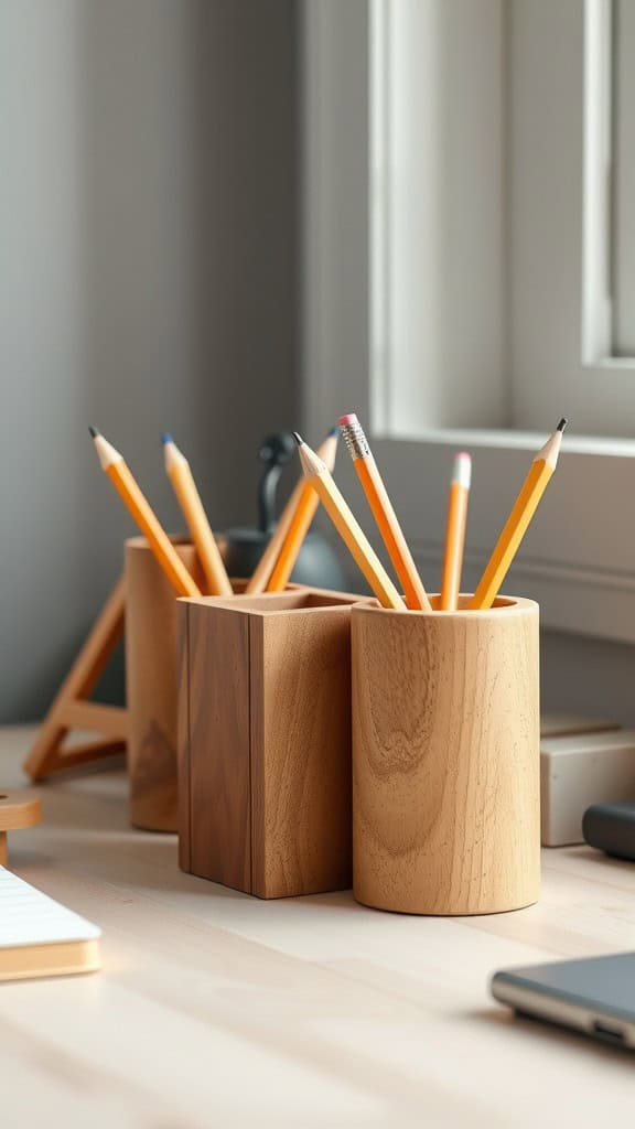 Wooden pencil holders with pencils arranged on a desk.