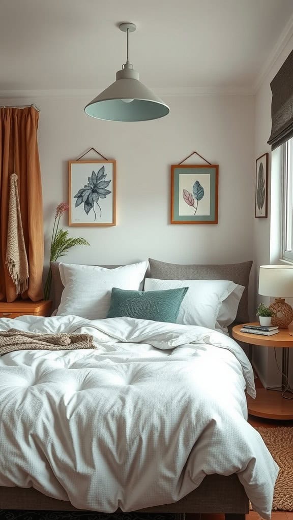 Cozy minimalist bedroom with soft white bedding, teal accents, and botanical wall art