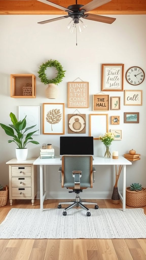 A cozy home office with a modern desk, chair, and wall decor featuring plants and framed artwork.