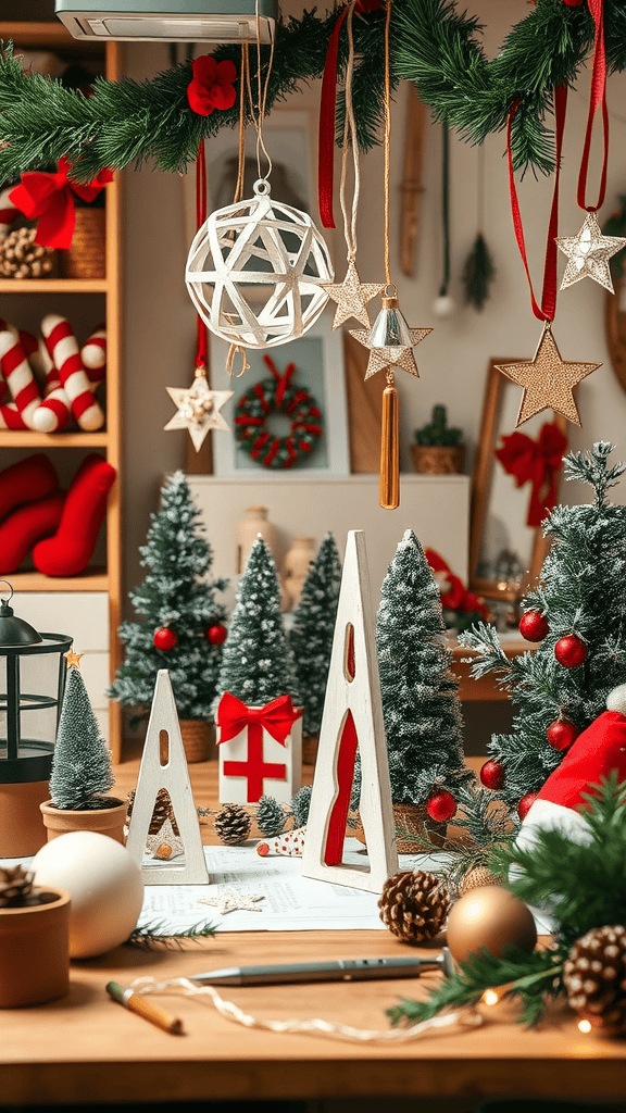 A cozy holiday decoration scene with miniature trees, ornaments, and festive colors.