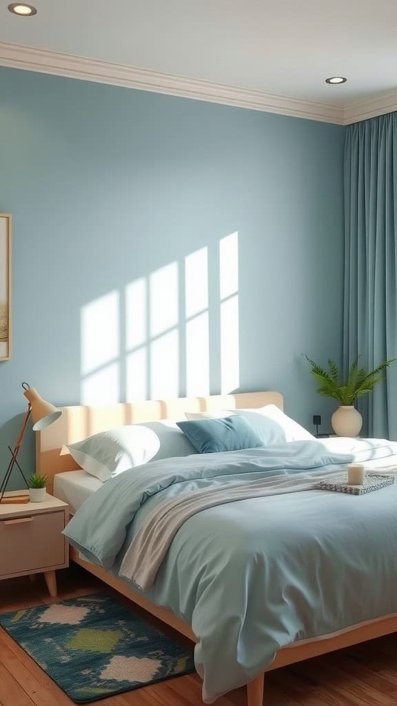 A serene bedroom with soft blue walls, light bedding, and a touch of greenery.