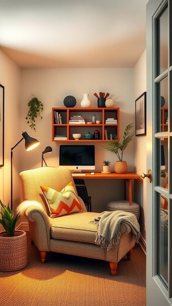 A cozy nook with a soft armchair, colorful pillows, a desk, plants, and warm lighting.