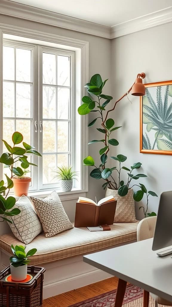 A cozy reading nook with a bench, pillows, plants, and an open book near a window.