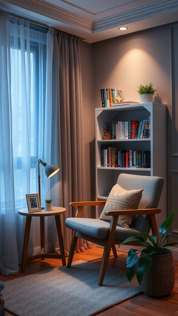 A cozy reading nook with a comfortable chair, small table, bookshelf, and soft lighting.