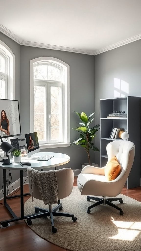 A cozy office with grey walls, a round table, a swivel chair, a plant, and large windows letting in natural light