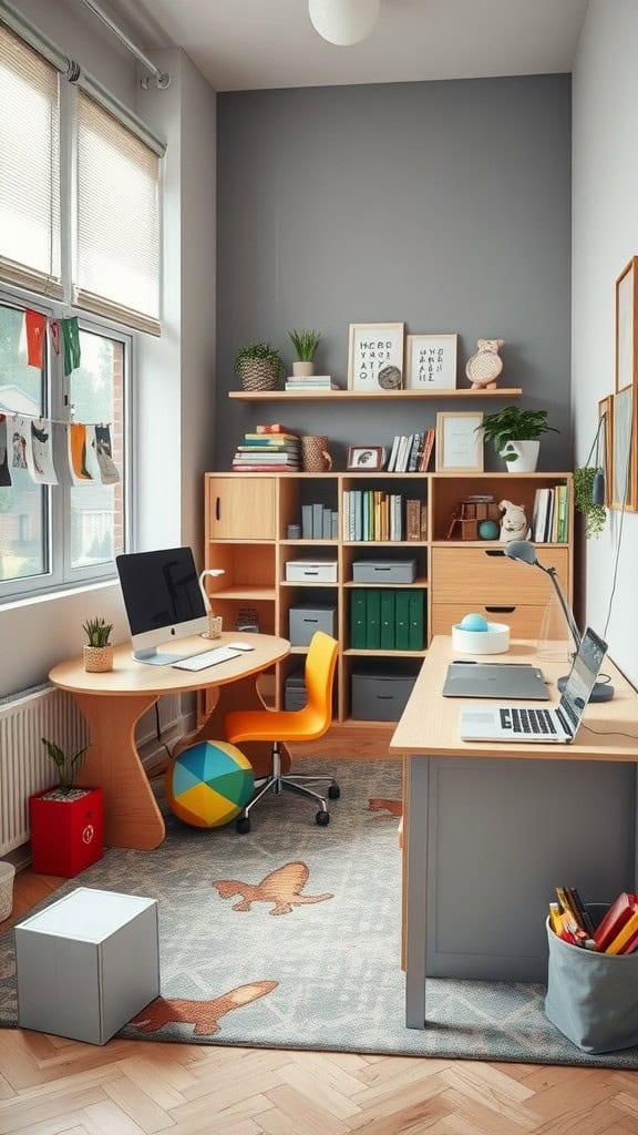 A cozy home office with a colorful rug, bright furniture, and functional workspaces for both adults and children.