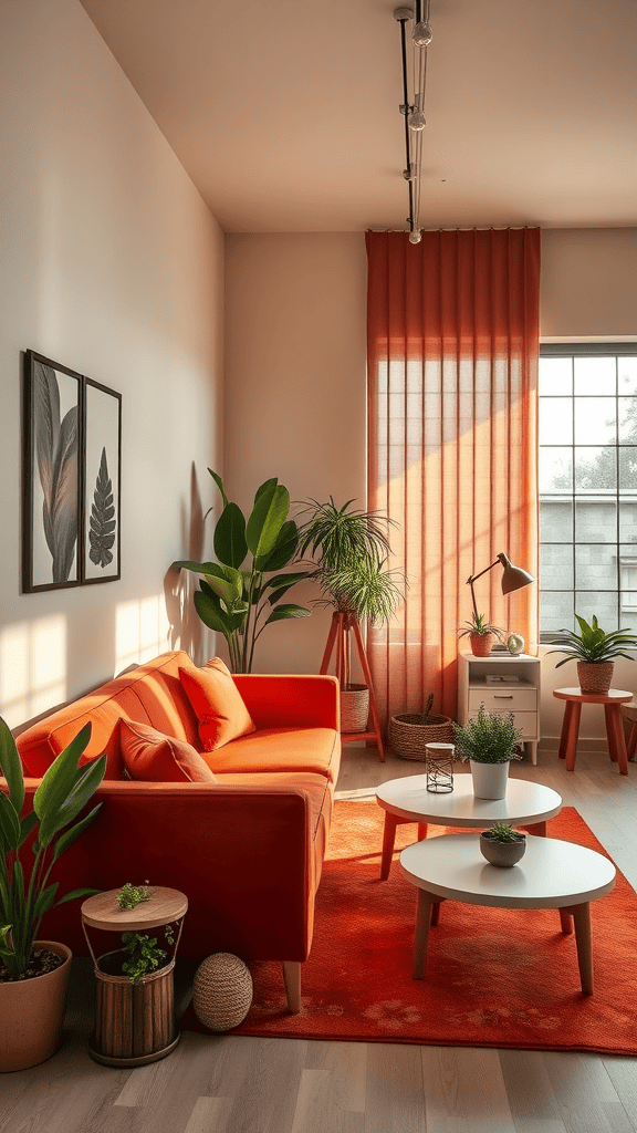 A cozy living room with an orange sofa, plants, and warm lighting.