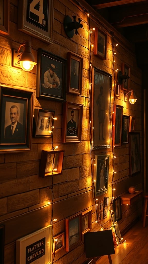 Wall with vintage frames and warm lighting