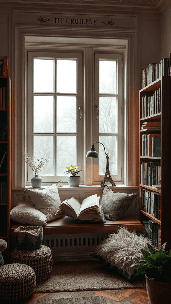 A cozy reading nook by the window with cushions, a book, and plants.