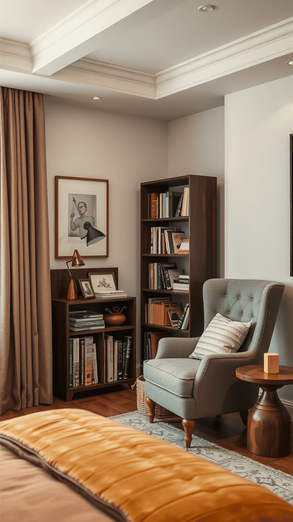 Cozy reading nook featuring a comfortable chair, bookshelves, and warm decor.