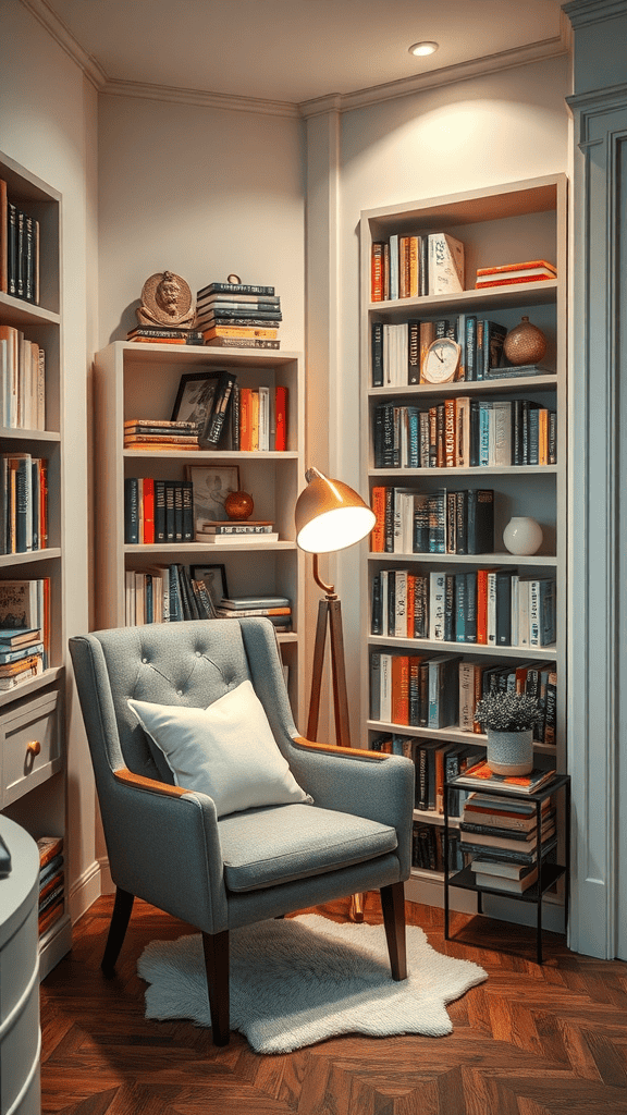 A cozy reading nook with a blue armchair, bookshelves filled with books, and warm lighting.