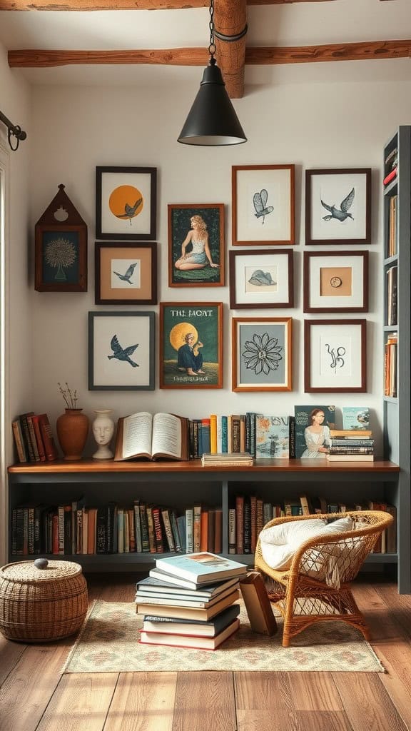 Cozy reading nook with art, featuring a bookshelf, rattan chair, and framed artwork.