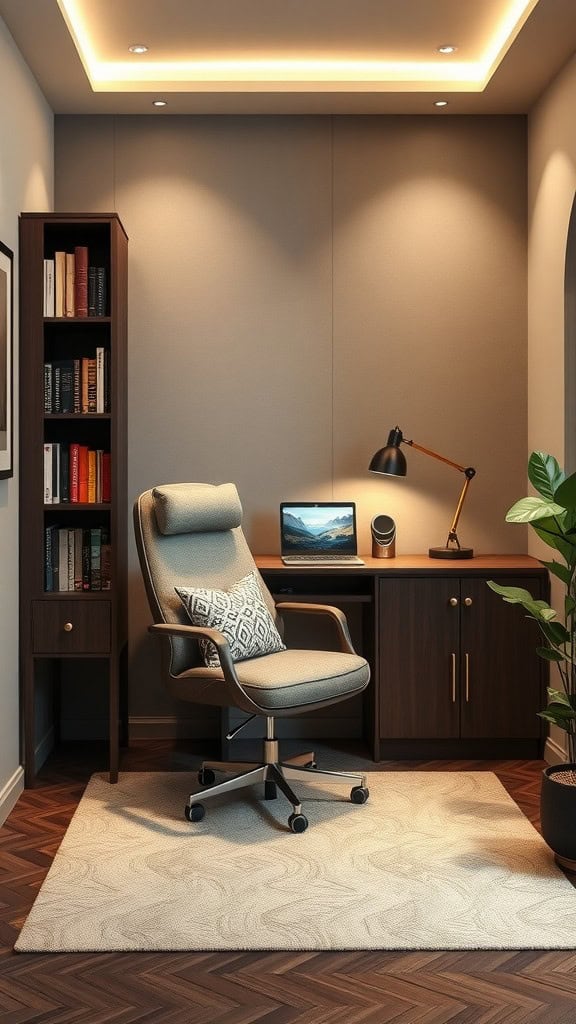 A cozy reading nook in a modern home office with a comfortable chair, bookshelf, and soft lighting.