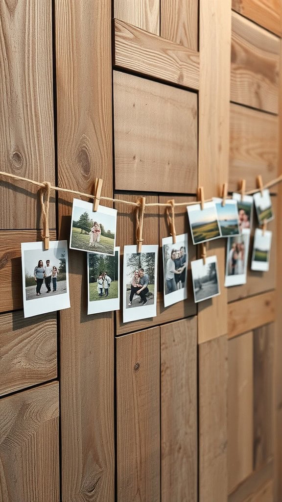 Photos displayed on a wooden wall, showcasing family moments.