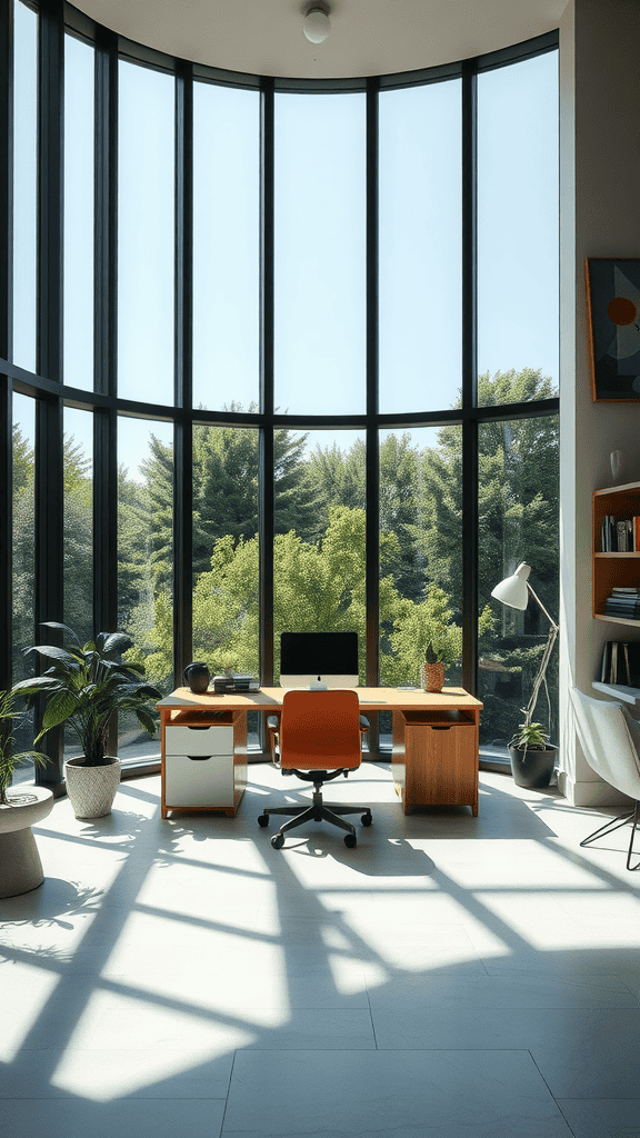 Minimalist office with large windows showcasing green trees outside.