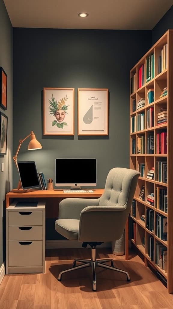 A cozy home office setup featuring a desk, chair, and bookshelves with artwork.