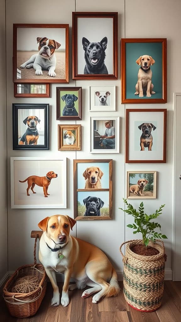 A gallery wall with framed dog photos and a dog sitting in front of it, creating a cozy atmosphere.