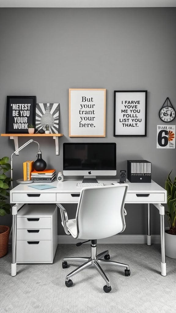 Modern workspace with grey walls, featuring a white desk, computer, and motivational wall art.