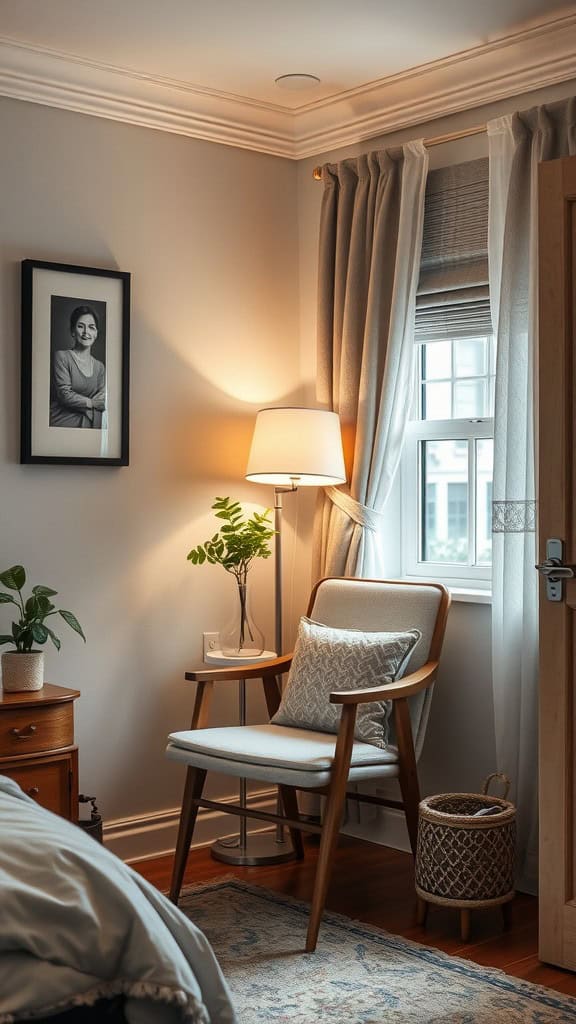 Cozy reading nook in a bedroom with a chair, lamp, and window