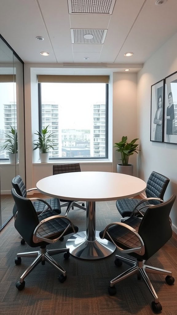 A small conference area with a round table and chairs, featuring large windows and plants.