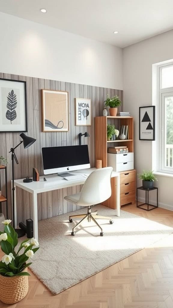 A cozy home office featuring a desk with a computer, stylish decor, and plants.