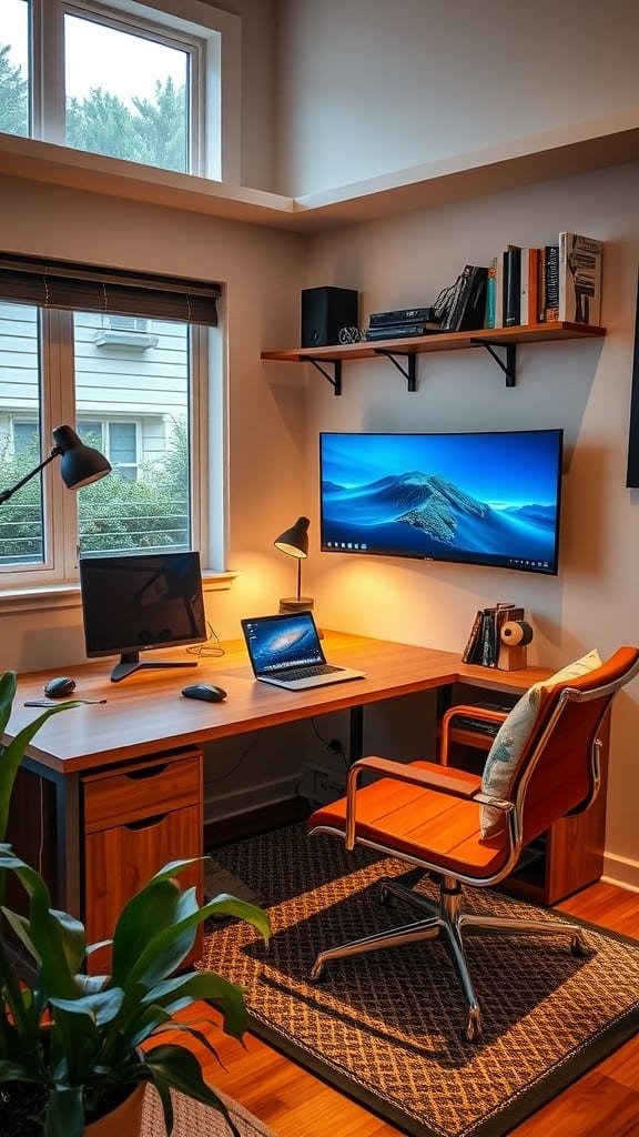 A cozy home office featuring a wooden desk, two computers, and a comfortable chair by a window