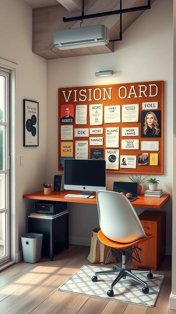 A cozy home office setup featuring a vision board on the wall, a desk with a computer, and a comfortable chair.