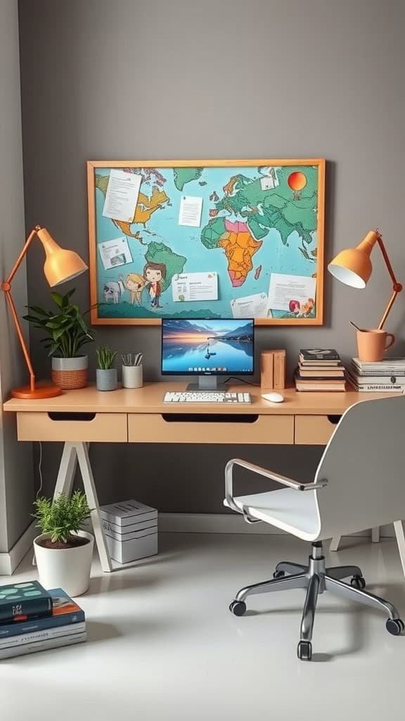 A cozy dorm desk setup featuring a colorful world map, desk plant, and organized books, ideal for creating a vision board space.