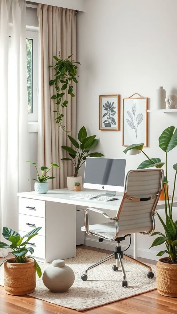 A serene home office with plants, a computer, and natural light.