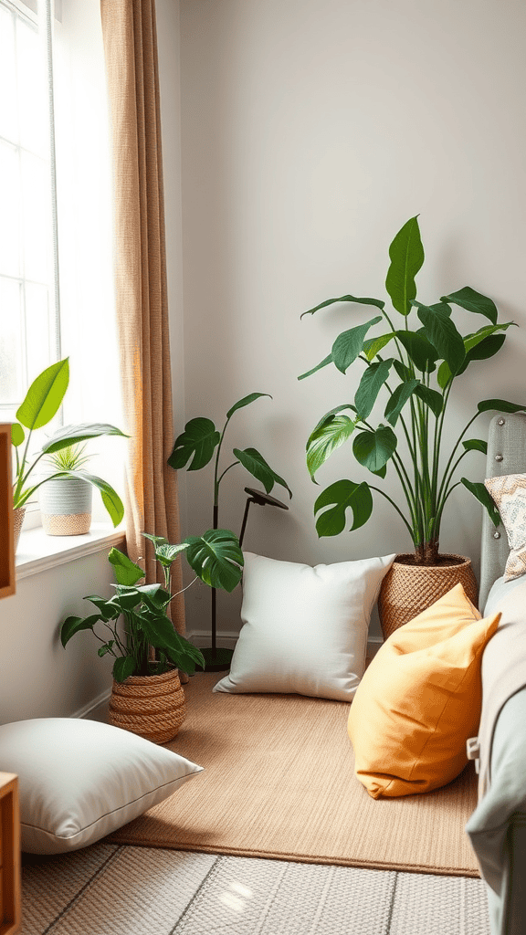 A cozy zen corner with plants and cushions, creating a relaxing atmosphere.