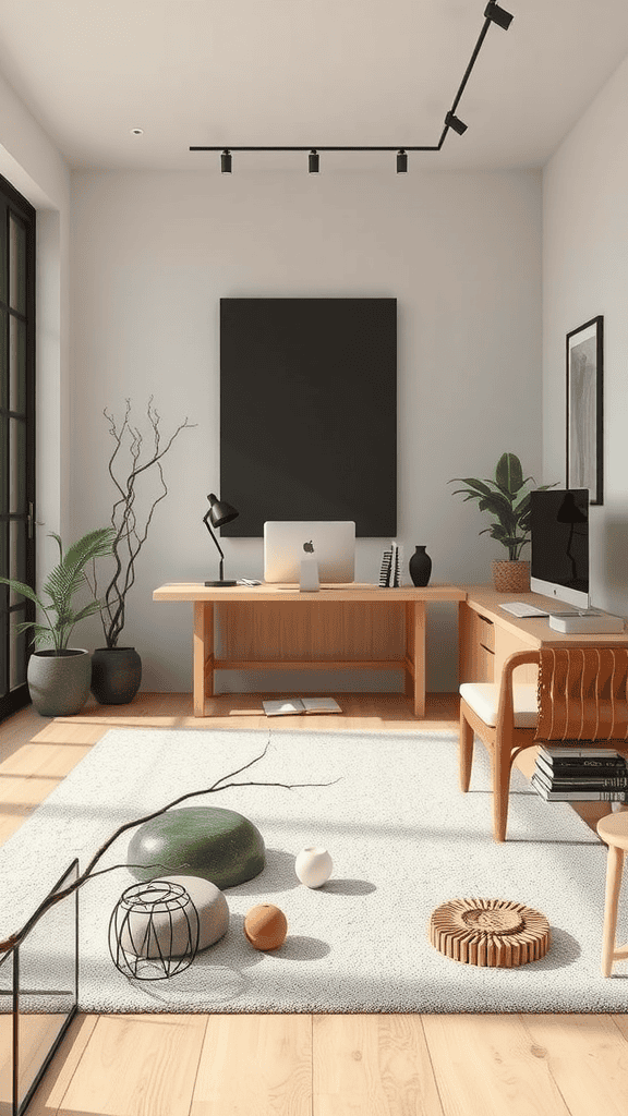 A minimalist zen workspace featuring a wooden desk, computer, plants, and decorative stones.