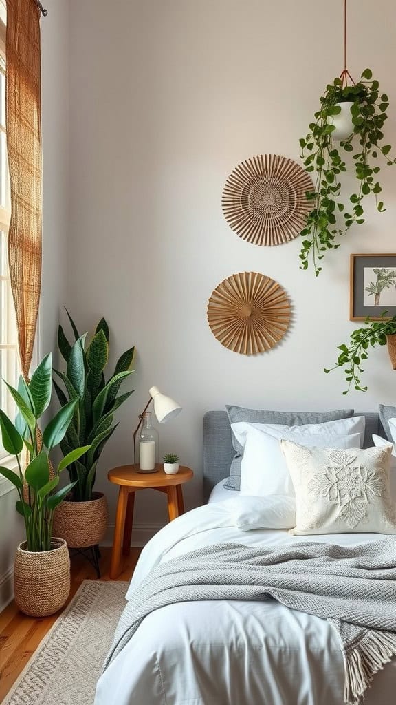 A cozy bedroom featuring plants, woven wall decor, and soft textiles, creating an illusion of height.