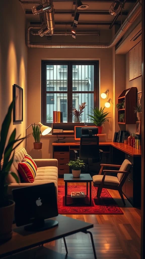 Cozy home office with warm lighting, plants, and minimalist decor.