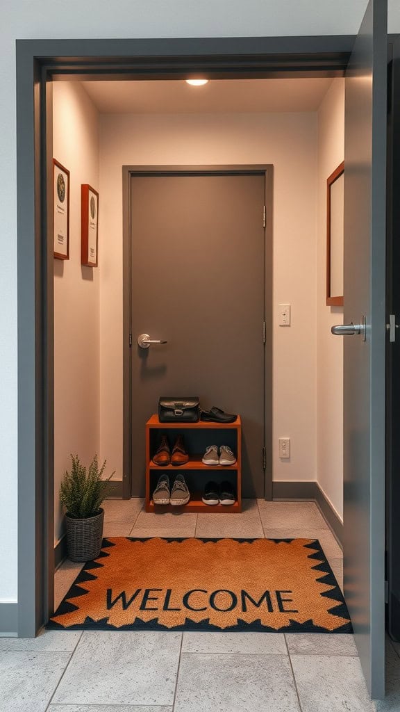 An inviting entryway with a welcome mat and a shoe rack.