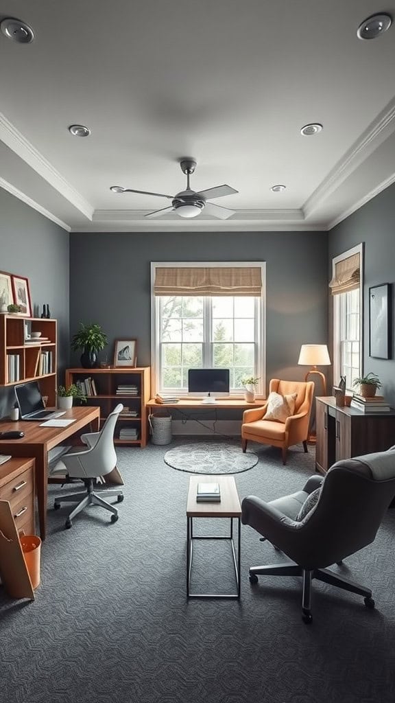 A cozy home office with grey walls, featuring a desk, two chairs, and a window letting in natural light.