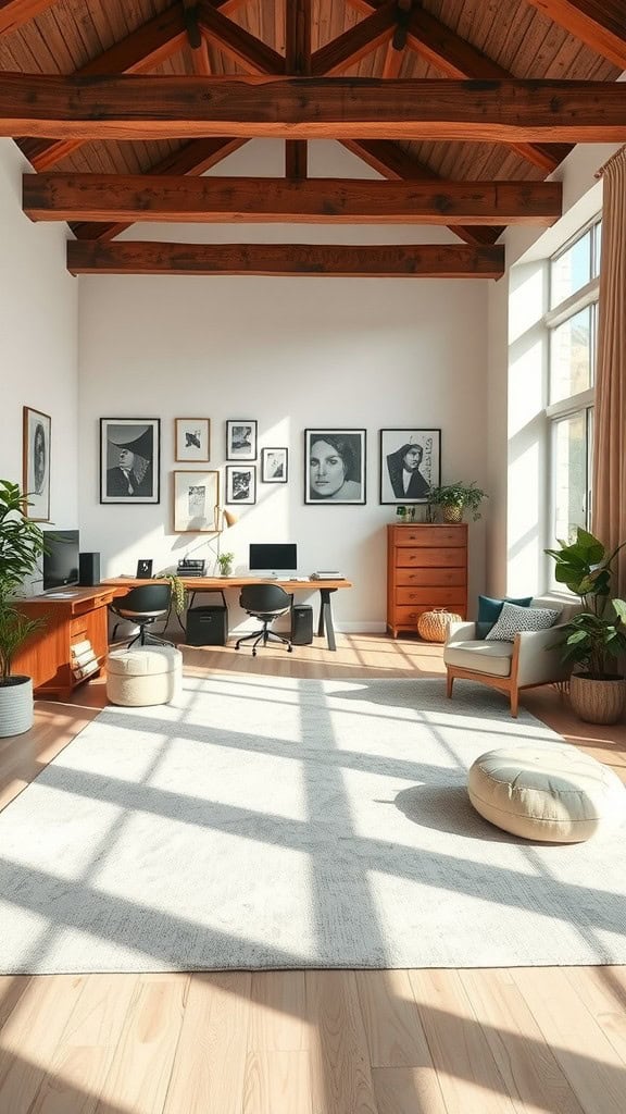 A bright workspace with two desks, a cozy chair, and plants, showcasing zones in an open space.