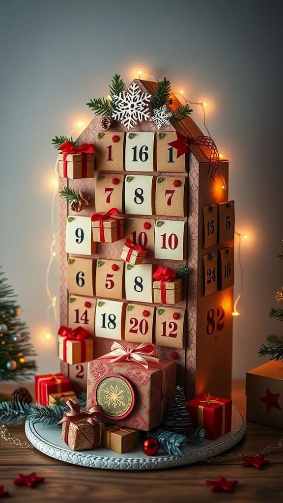 A beautifully arranged advent calendar with numbered boxes, small gifts, and holiday decorations.