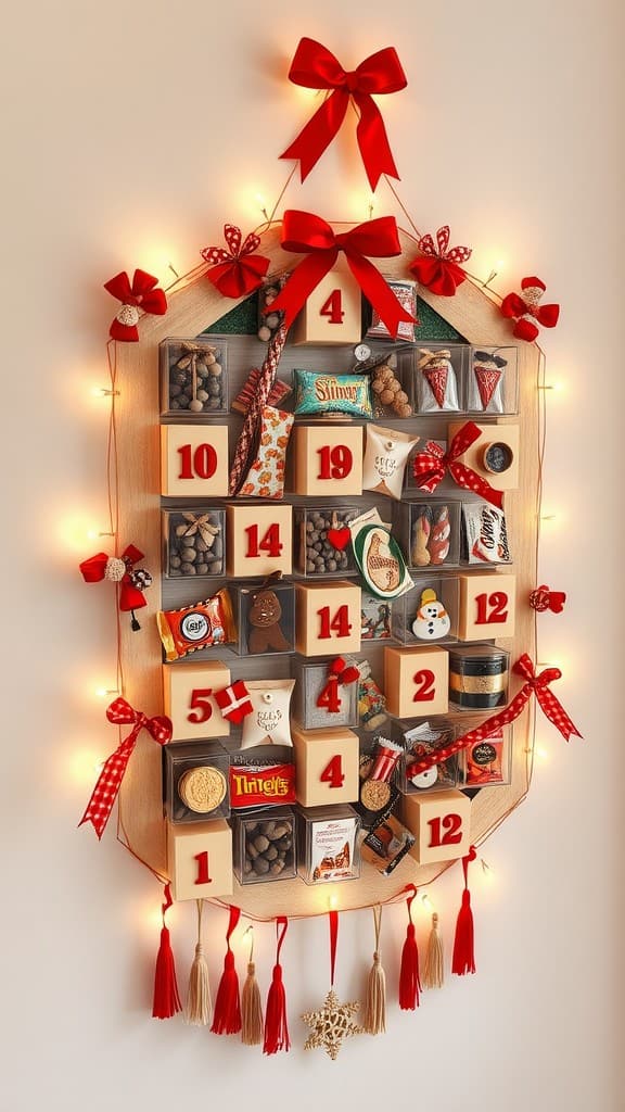 A creative advent calendar decorated with red bows and lights, featuring numbered boxes filled with treats.