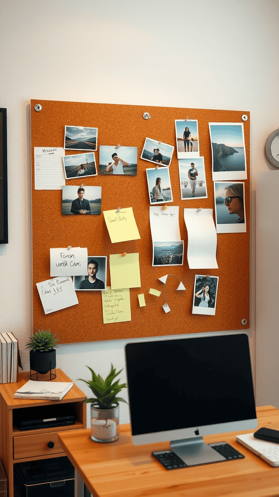 A corkboard filled with photos and notes, showcasing a personal and creative workspace.