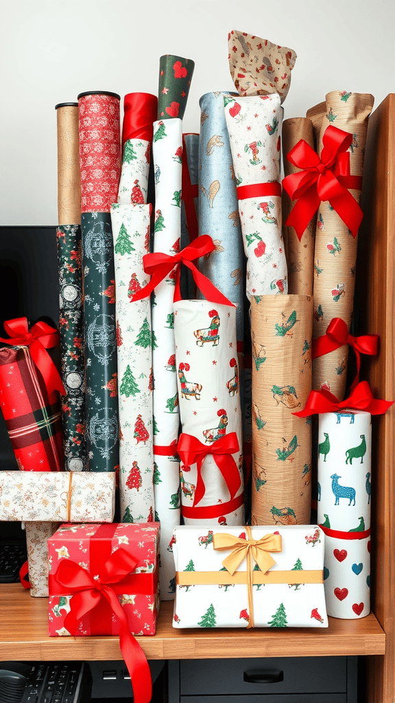 Colorful display of various gift wrap rolls and wrapped presents with ribbons.