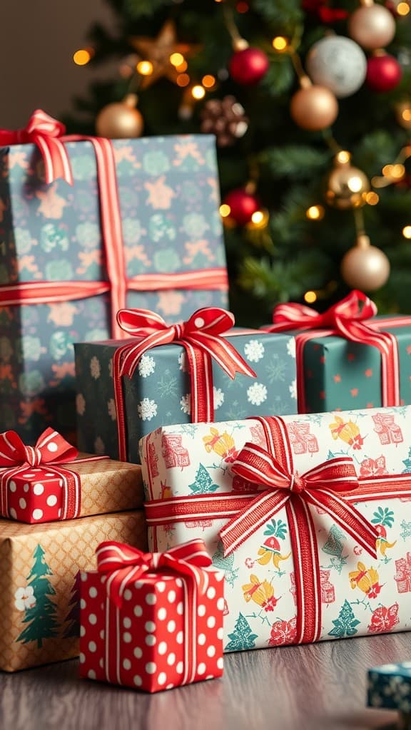 Colorful wrapped gifts with decorative bows in front of a Christmas tree.