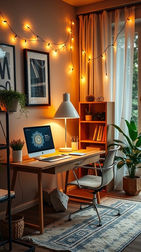 A well-lit modern home office with string lights, a desk lamp, and plants, showcasing a cozy and inviting workspace.