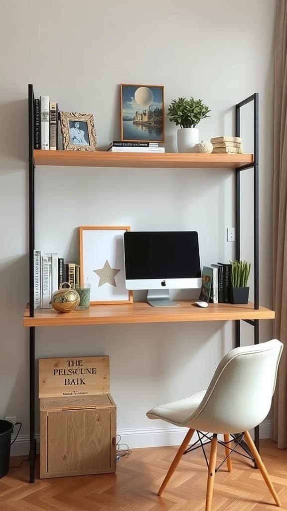 Stylish shelving unit with books, plants, and a computer on a desk in a cozy room.