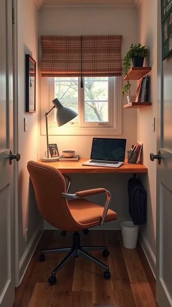 Cozy small home office nook with desk, chair, and plants