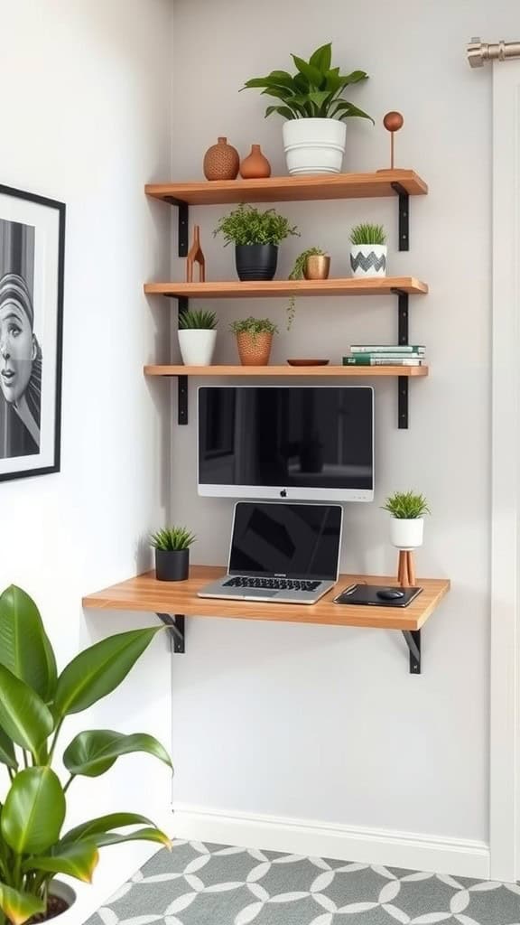 A stylish wall-mounted workspace featuring a desk, computer, and decorative plants.