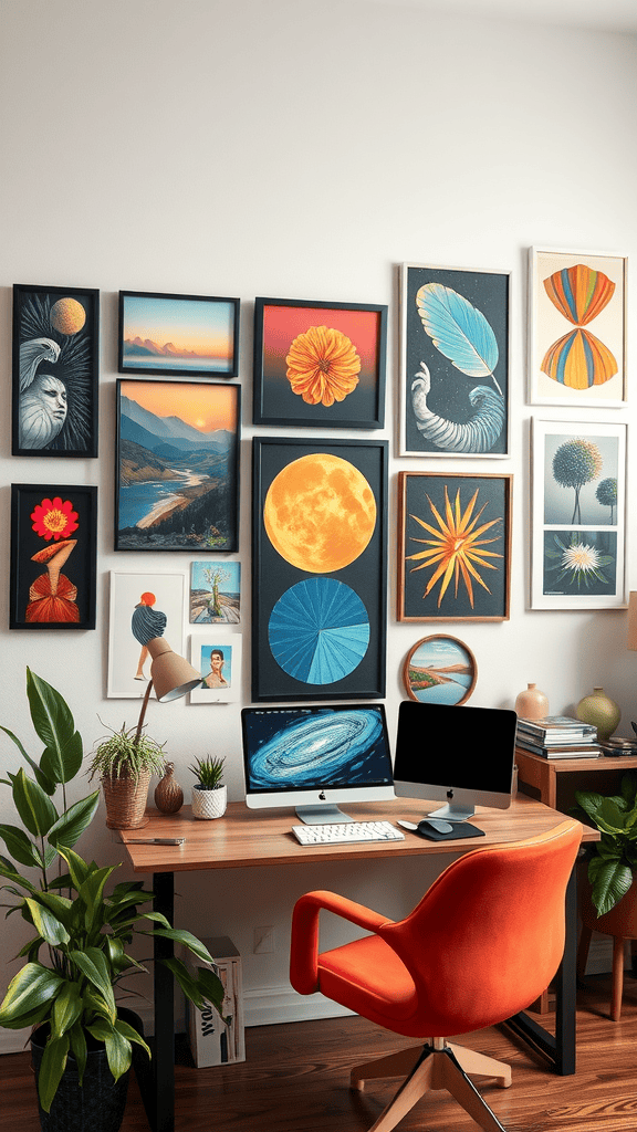 A stylish home office with vibrant wall art and modern decor.