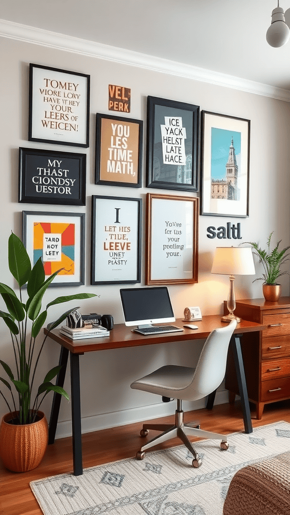 A cozy workspace featuring a gallery wall with framed art, a desk with a computer, a lamp, and a plant.