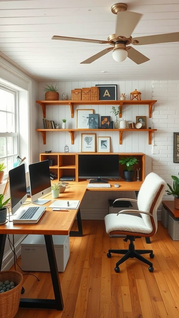 Cozy home office featuring minimalistic design and farmhouse elements.